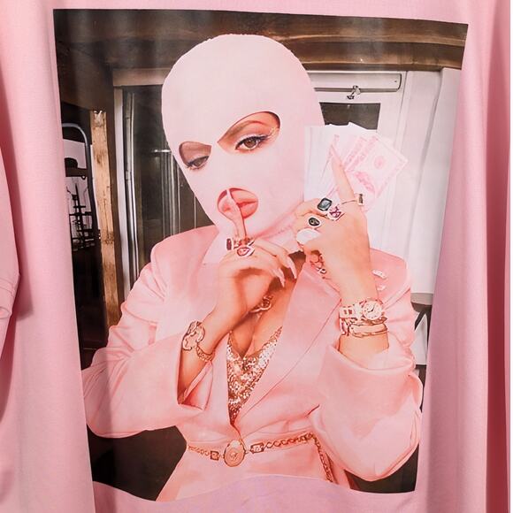 Shein 3XL Pink Graphic T-Shirt Balaclava Woman Money Oversized Glam Streetwear - Picture 2 of 4
